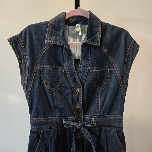 Maeve Anthropologie Short Sleeve Denim Jean Button Front Shirt Dress Belted 8 - Picture 2 of 9